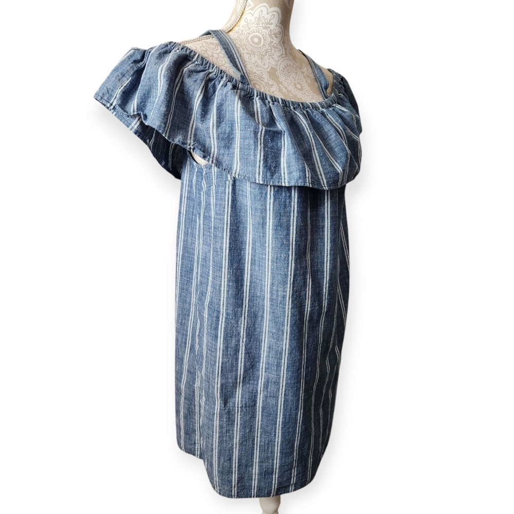J. Crew Blue & White Striped Chambray Ruffle-Neck Mini Dress Size Size Large